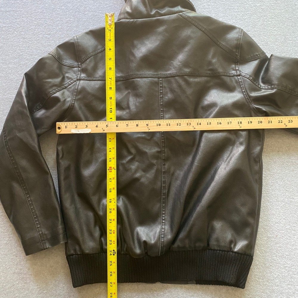 Guess Mens Faux Brown Leather Bomber Jacket Black Hooded Bib Layered Coat Medium - Picture 3 of 9